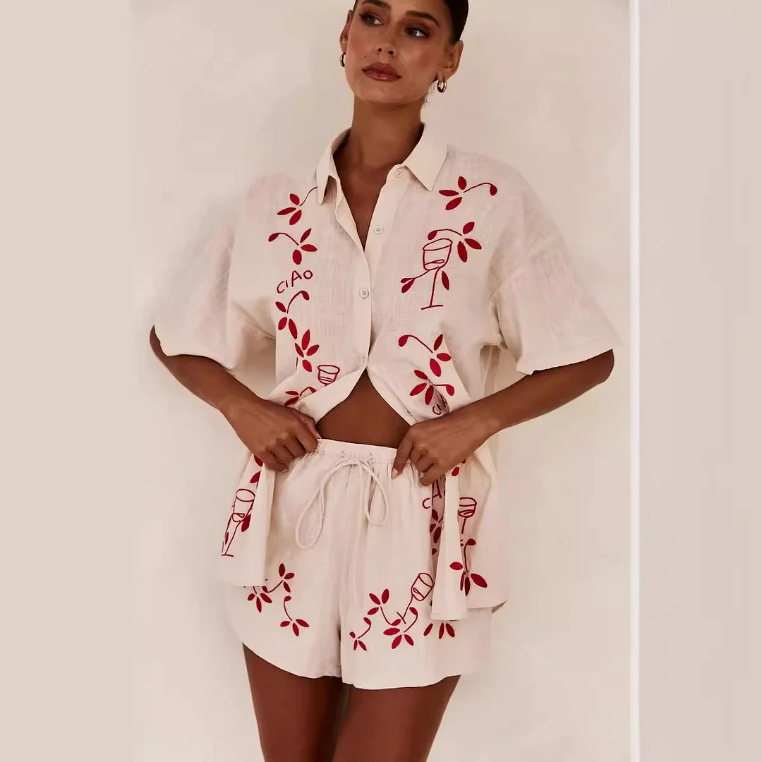 Brownm Brownm Spring And Summer New 3D Stereo Embroidery Comfortable Casual Shirt Short Suit-88189