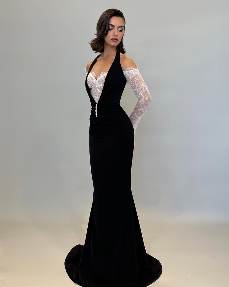 Hellodresses Black Off the Shoulder Long Sleeves Halter Mermaid Evening Dress 