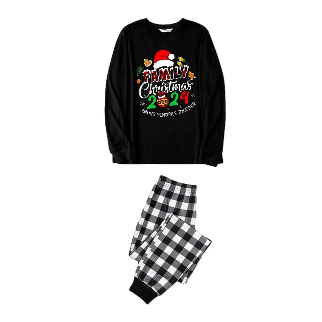 Family Christmas 2024 Making Memories Together Text Print Black Long Sleeve Top with Black And White Plaid Pants Family Matching Pajamas