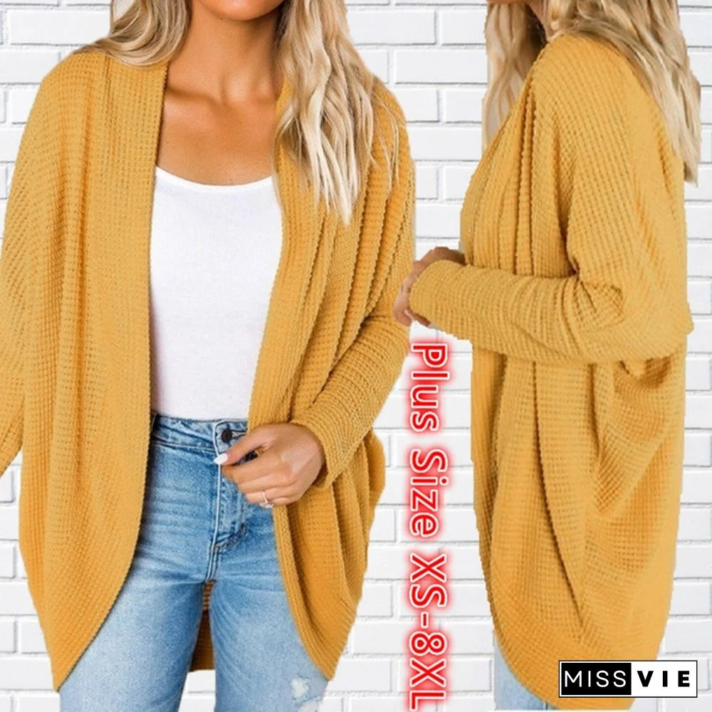 Women Loose Casual Long Sleeve Pure Color Plus Size V Neck Coat Autumn Cardigan Sweater Coat Plus Size XS-8XL