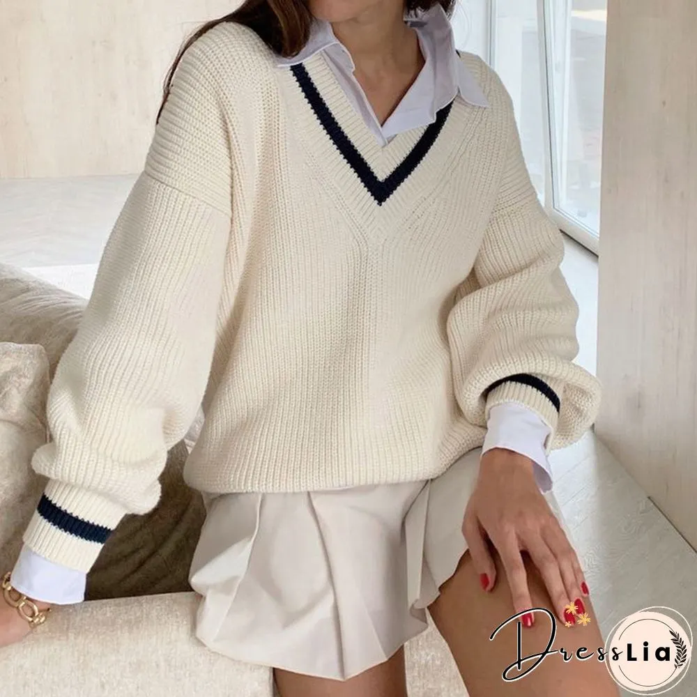 V-Neck Long Sleeve College Style Sweater Women
