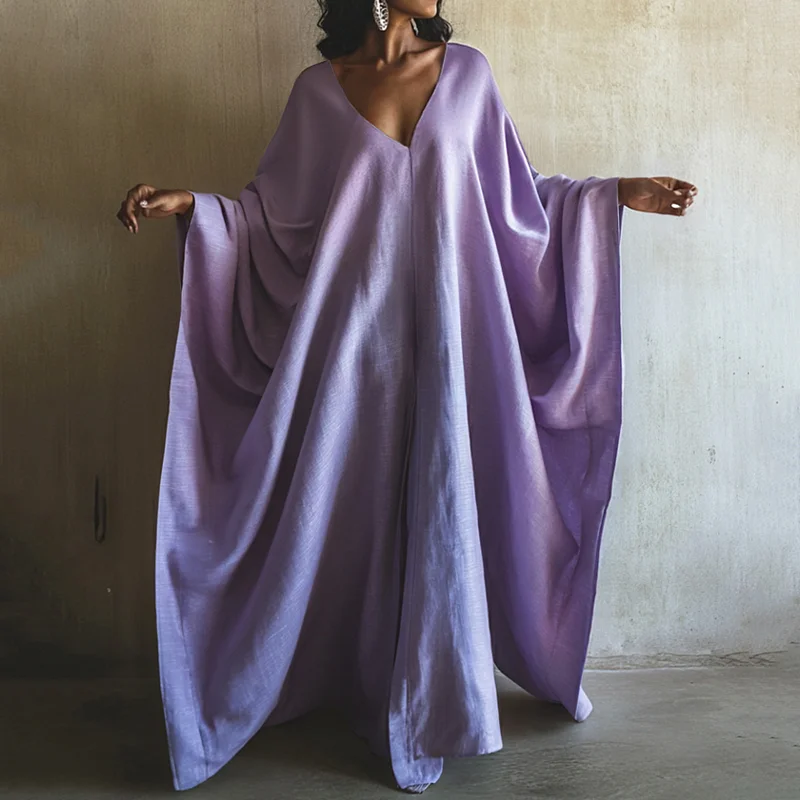 Nomad Spirit Ladies' Summer Purple Line Art Sapphire Breeze Linen V-neck Long Kaftan Dress