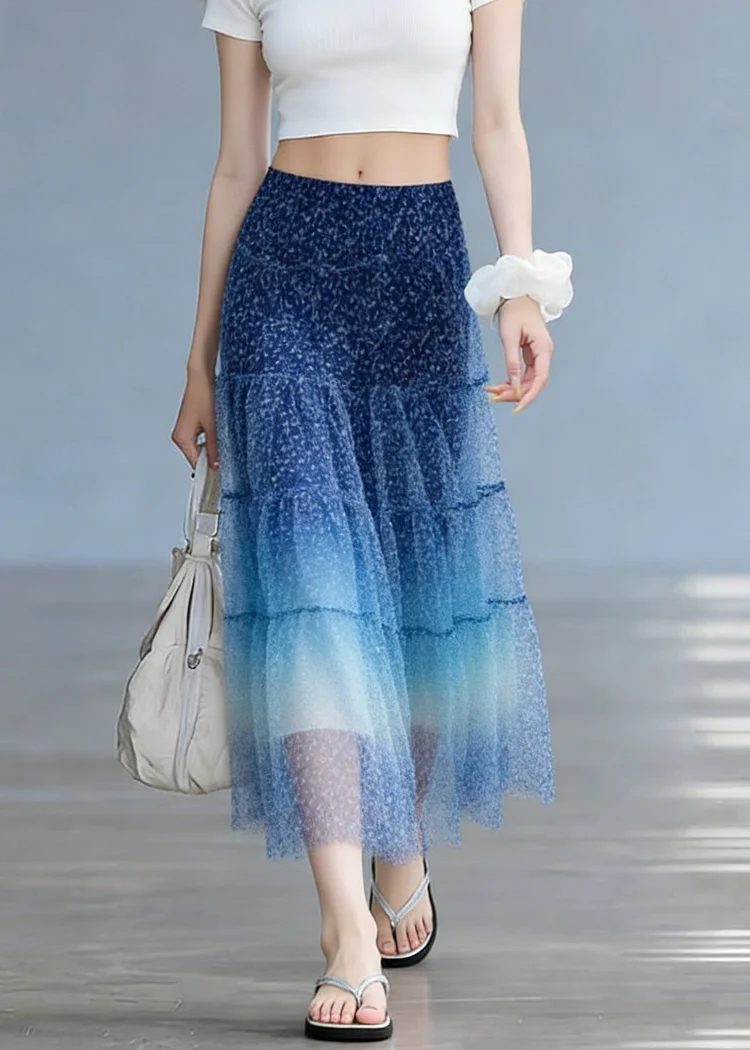 Stylish Blue Elastic Waist Patchwork Tulle Skirts Summer