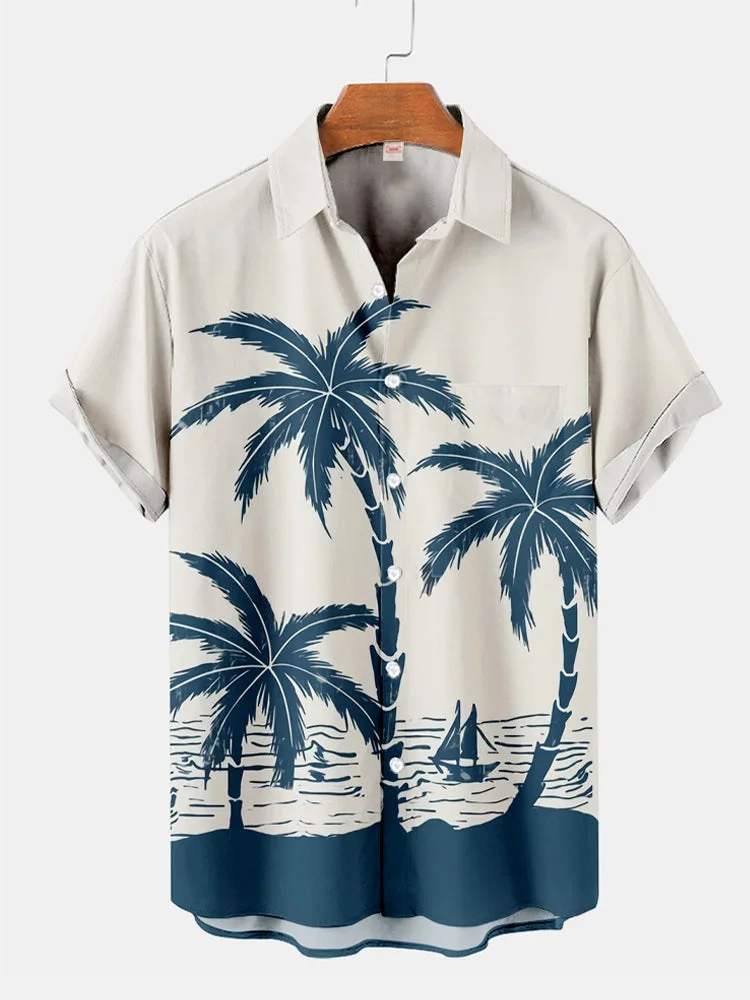 White Coast And Coconut Tree Printing Hawaiian Short Sleeve Shirt