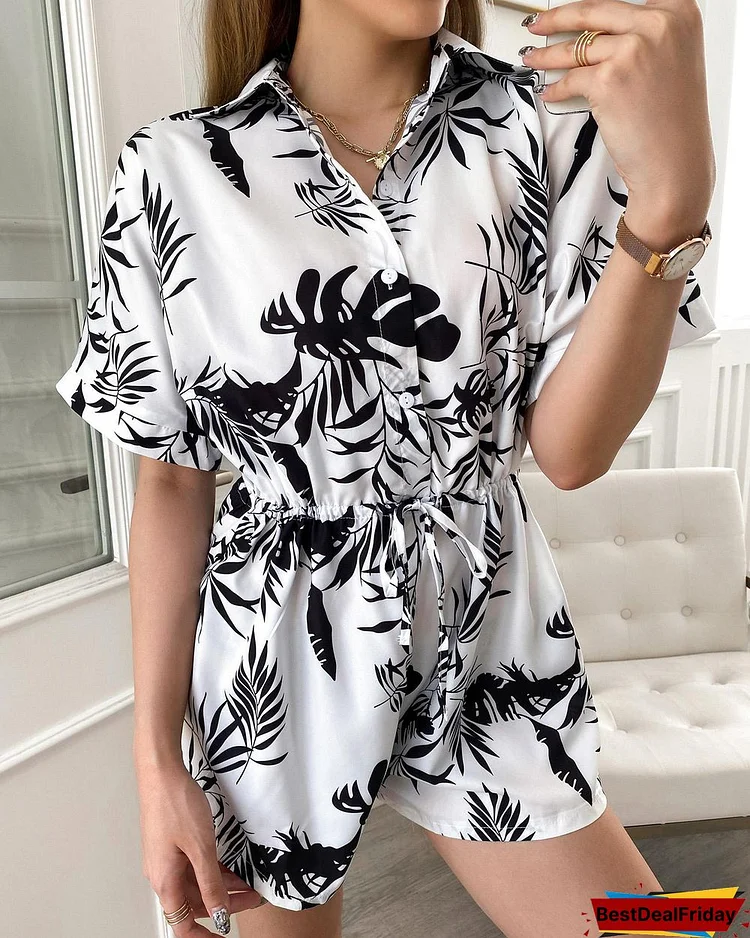 Tropical Print Button Front Short Sleeve Romper P6709892607