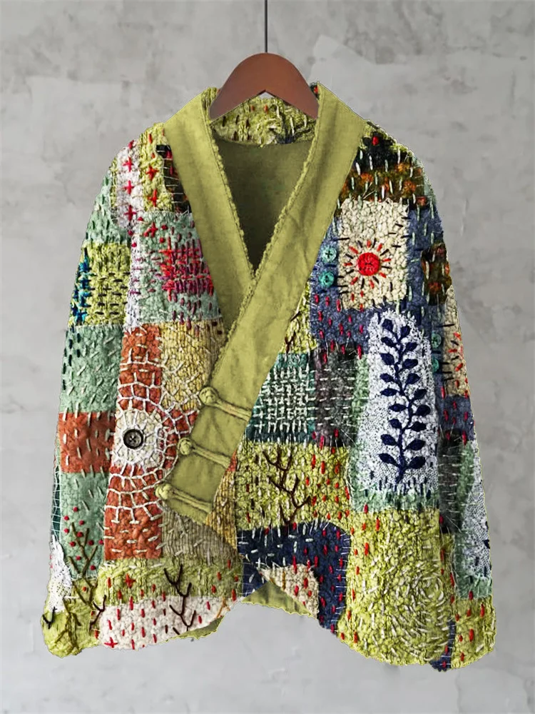 Stitching Floral Embroidery Geometric Patchwork Pattern Women's Kimono