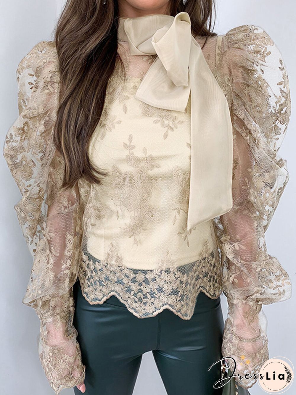 Lace Hollow Out Bowknot Tie Long Puff Sleeve Vintage Blouse