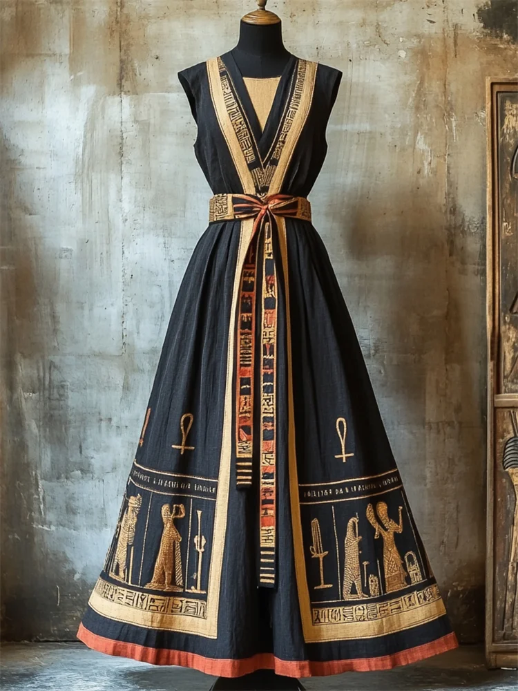 Vintage Ancient Egyptian Inspired Tied Linen Maxi Dress