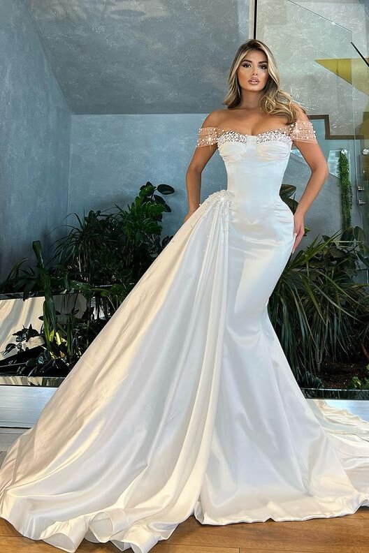 White Off-The-Shoulder Pearls Stain Mermaid Wedding Dress With Ruffle ED451
