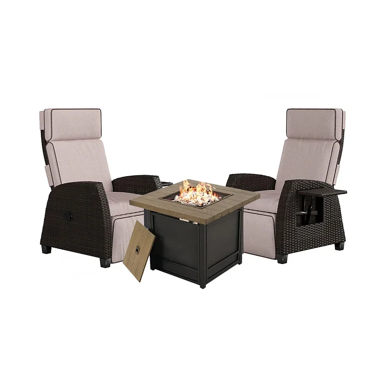 GRAND PATIO MOOR Outdoor Wicker Recliner with 29" Fire Pit Table 3 Pieces