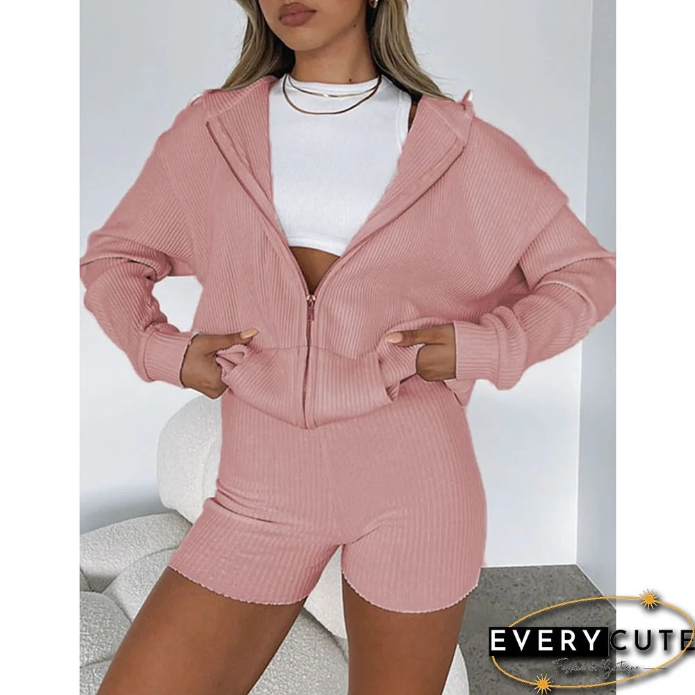 Pink Ribbed Zipper Hoodie with Shorts Lounge Set
