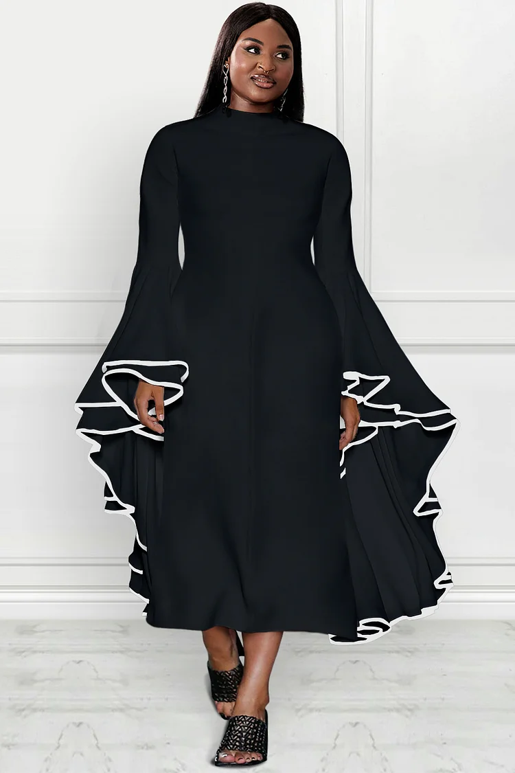 Xpluswear Design Plus Size Formal Dress Black Long Sleeve Asymmetric Hem Knitted Maxi Dress