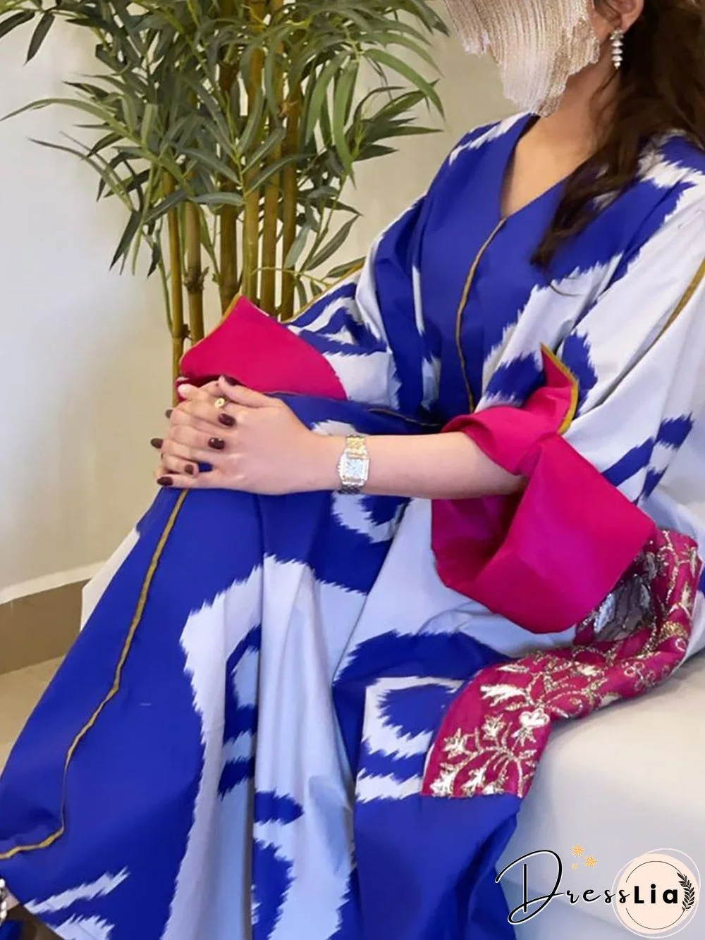 Pink Cuff Women Blue Pattern Satin Dress