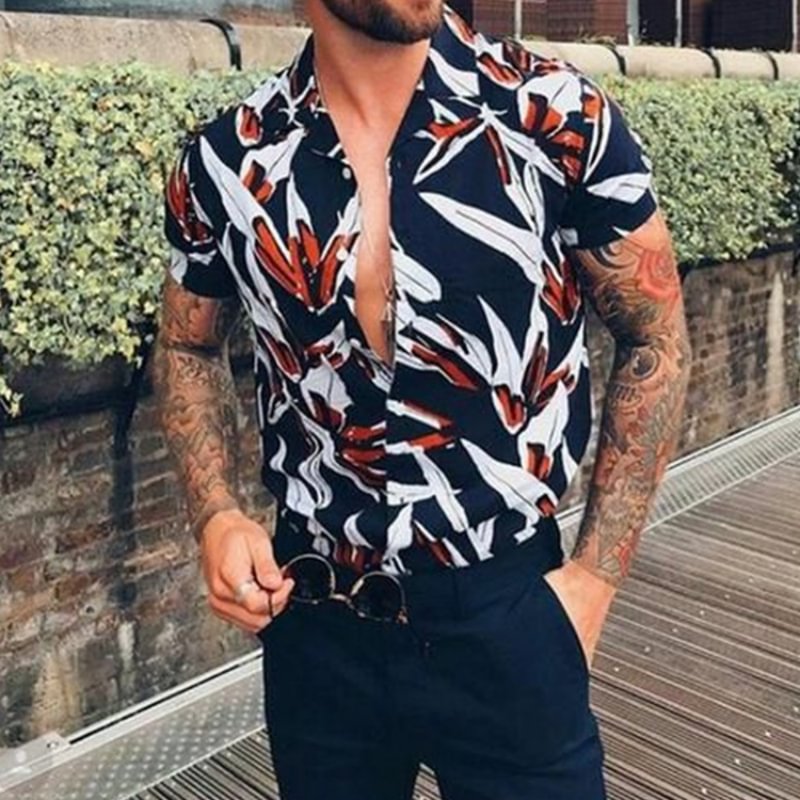 Men's Hawaiian leaf print short sleeve shirt