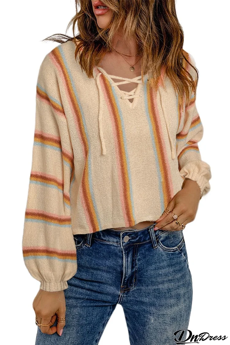 Beige Lace up V Neck Striped Knit Sweater