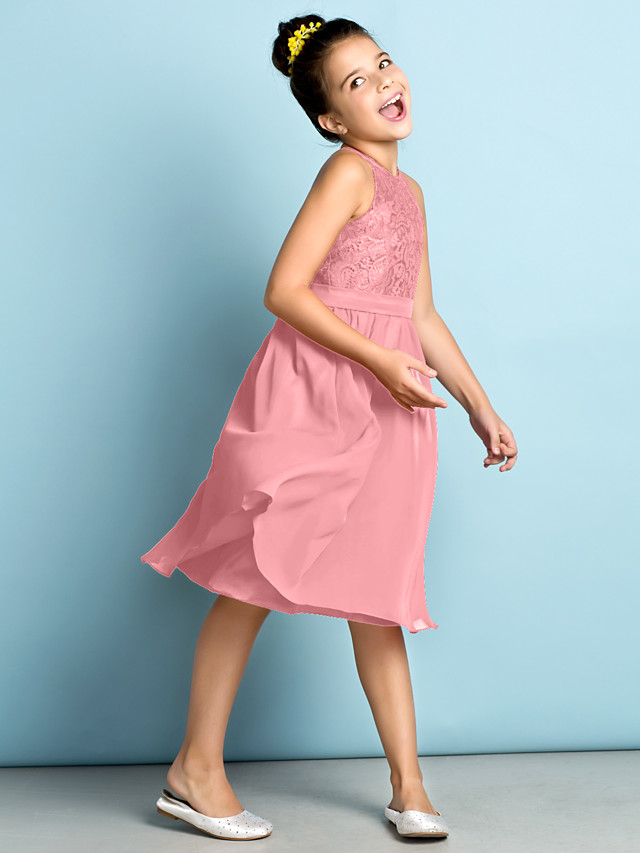 Daisda A-Line Jewel Neck Knee Length  Flower Girl Dress With Lace 