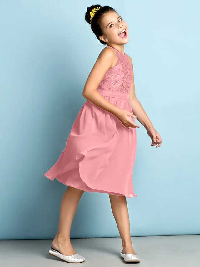 Daisda A-Line Jewel Neck Knee Length  Flower Girl Dress With Lace 