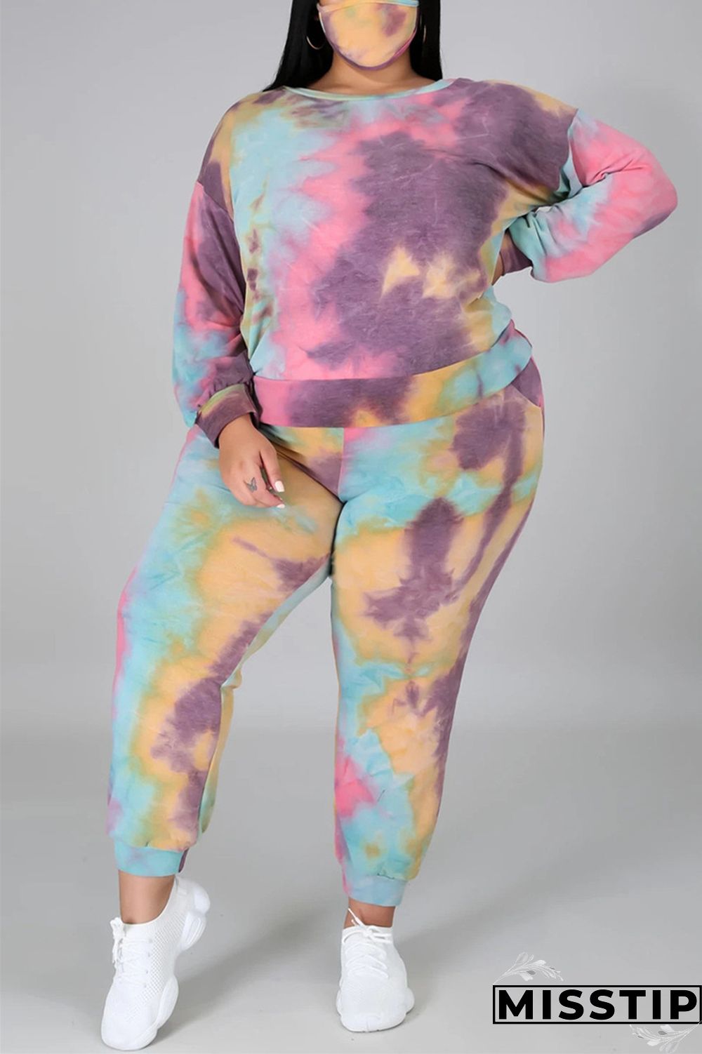 multicolor Fashion Casual Print Tie Dye Tie-dye Backless O Neck Plus Size Set