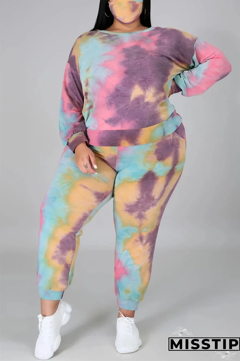 multicolor Fashion Casual Print Tie Dye Tie-dye Backless O Neck Plus Size Set