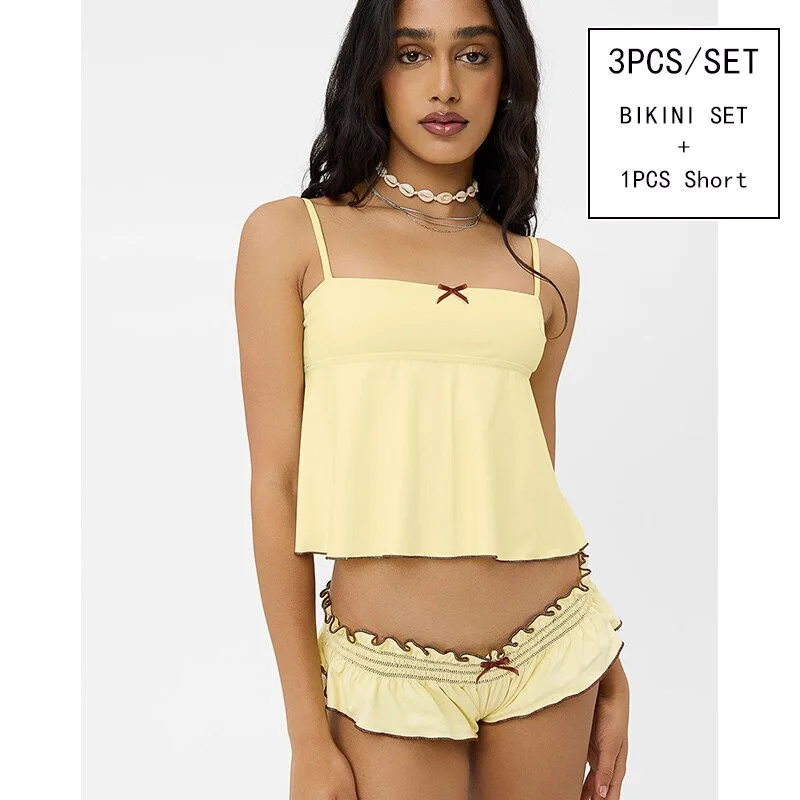 Patchwork Bikinis String Bikini Set Ruffles Side Swimwear Women Sexy Swimsuit Woman Halter Bathing Suits Two Piece Beachwear