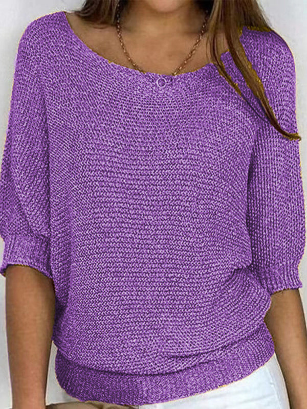 Solid Color Crew Neck Sweater For Women Elegant 3/4 Bat Sleeve Top