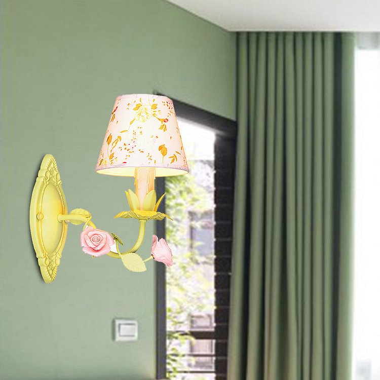 1-Light Metal Sconce Fixture Pastoral Green Cone Living Room Wall Lighting with Fabric Shade