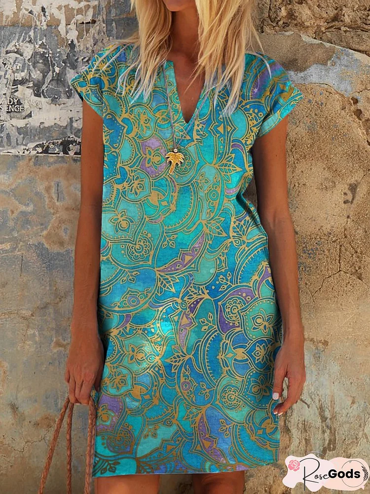 Summer Leisure Holiday Style Printing Paisley V Neck Short Sleeve Casual Women Dress