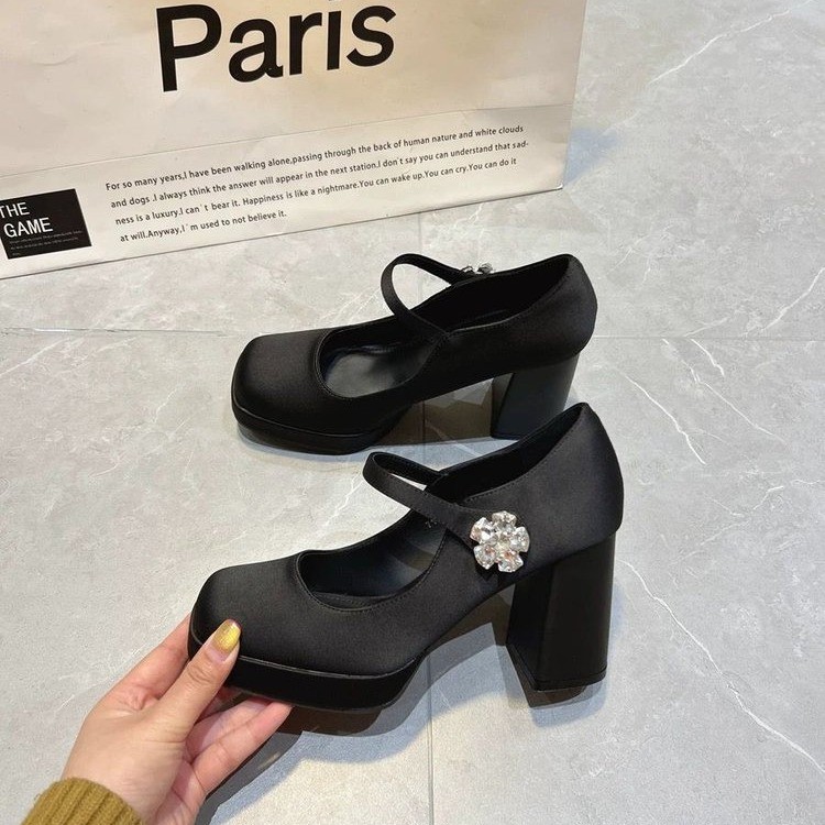 Cczzt popular women's shoes One line buckle black Mary Jane high heels chunky temperament vintage buckle square head thick soled waterproof platform pumps