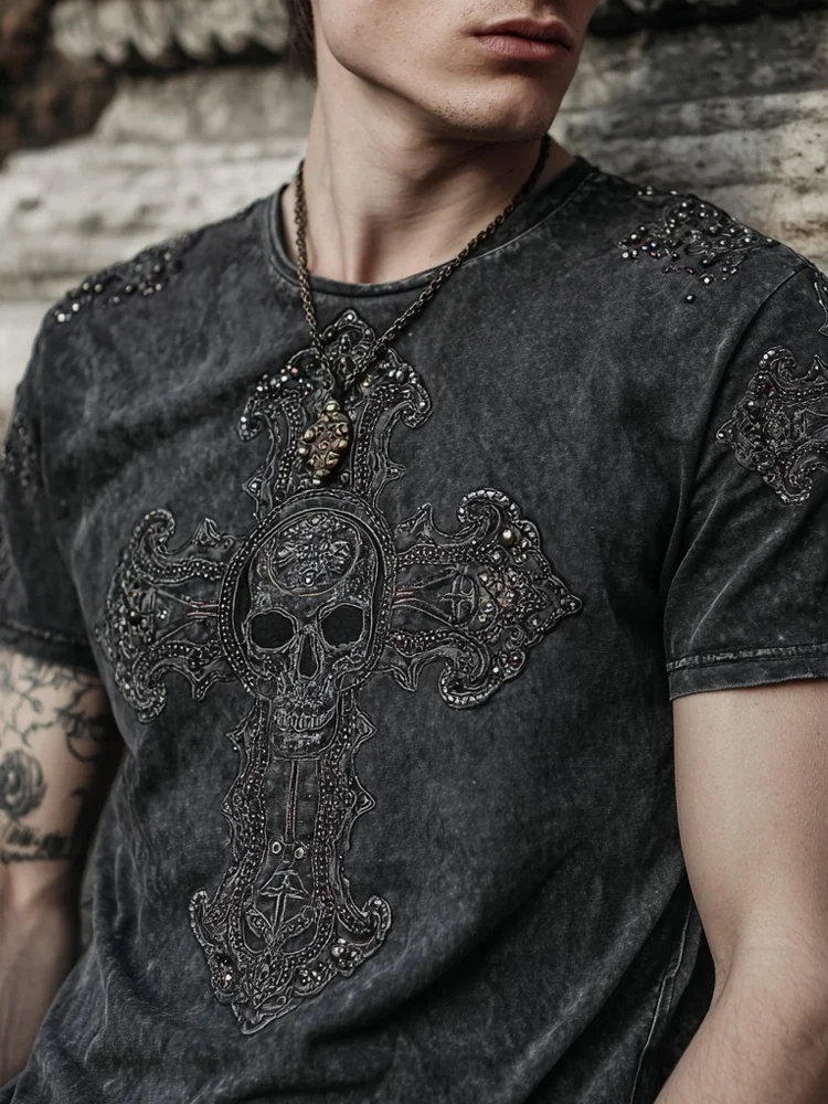Men's Rock Style Skull Cross Studded Distressed T Shirt