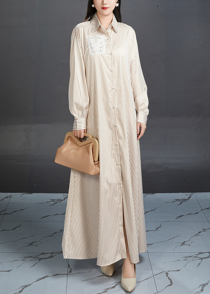 French Khaki Square Collar Cotton A Line Dress Puff Sleeve main image 0