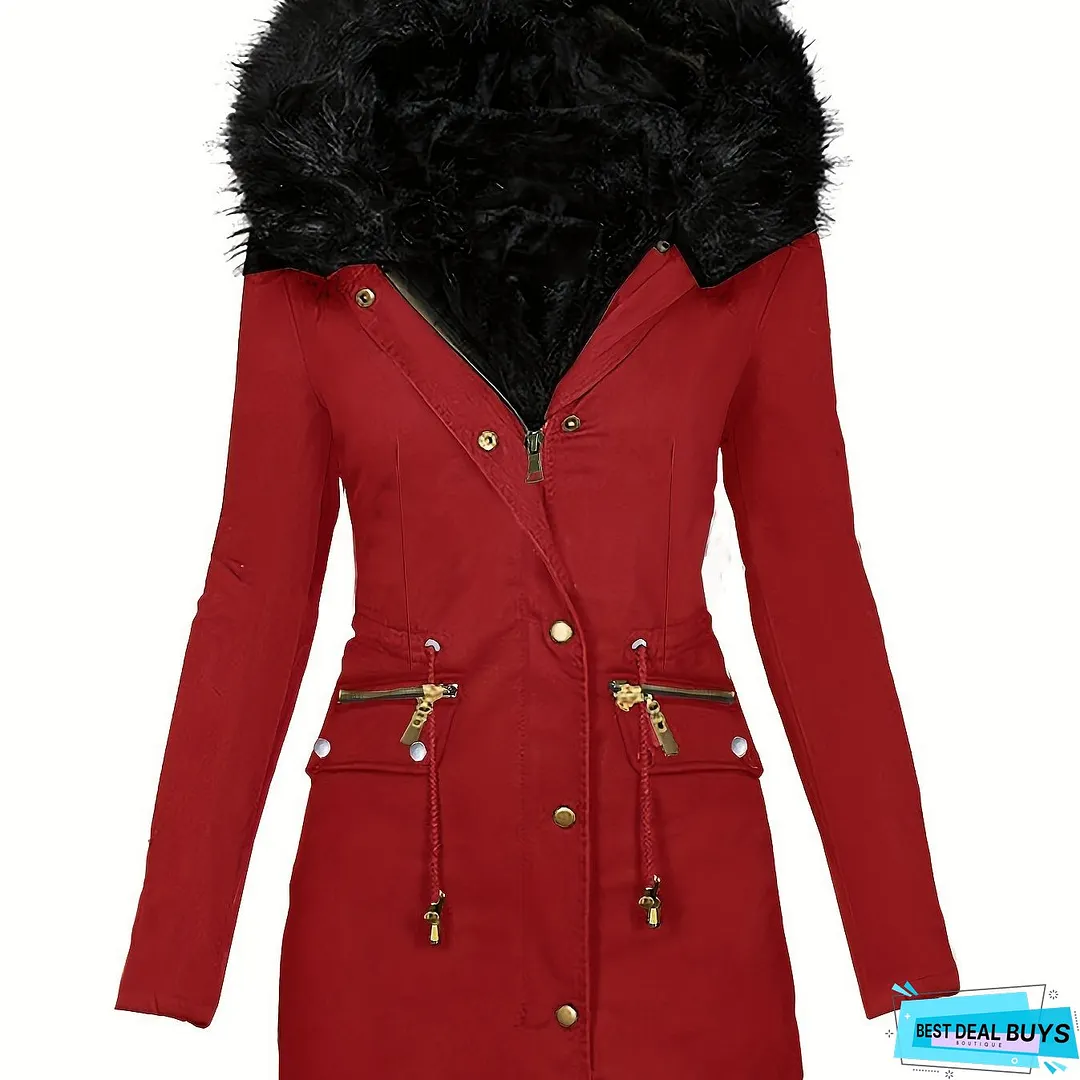 Faux Fur Hood Drawstring Parka Coat, Zip Up Button Front Pocket Thermal Overcoat, Women's Clothing