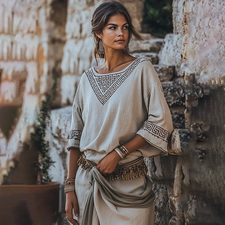 Retro Greca Pattern Crew Neck Linen Blend T-shirt