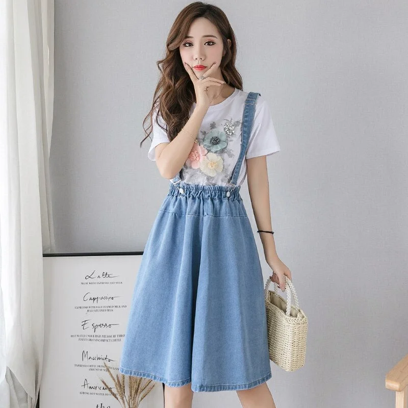 Zoki Plus Size S-4XL Women Denim Strap Skirt Elegant Summer Korean Elastic High Waist A-line Midi Skirt Jeans Faldas Mujer Moda