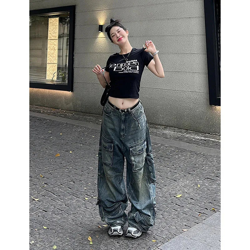 Aiertu Women's Y2k Blue Cargo Jeans Baggy 2000s Trashy Aesthetic Streetwear Oversize Denim Trousers Harajuku Jean Pants Vintage Clothes Aiertu