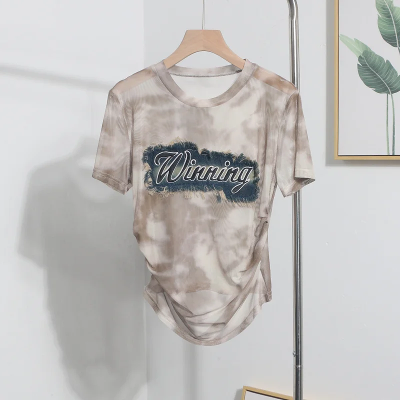 Churchf Real Shooting Embroidery With Straight Shoulder Short-Sleeved Mesh T-Shirt Fold Irregular Perspective Hood Top 25821