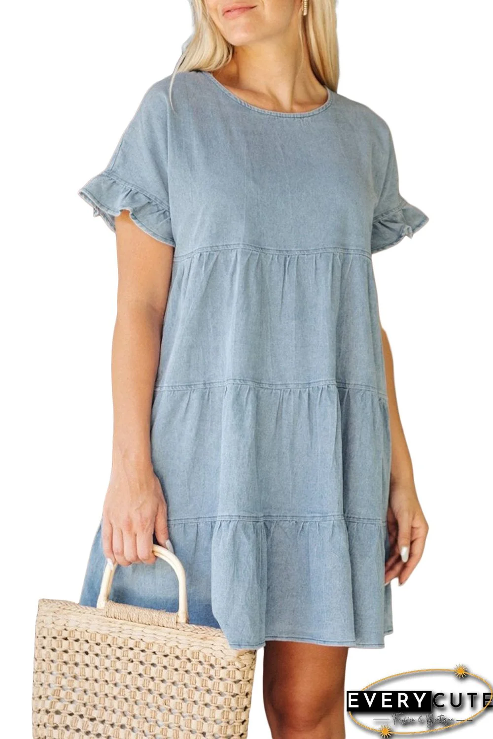Sky Blue Ruffled Short Sleeves Tiered Denim Dress