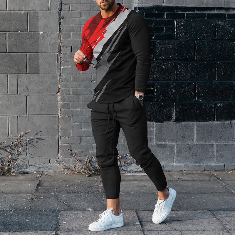 Men's Color Blocking Casual Long Sleeve T-Shirt And Pants Co-Ord