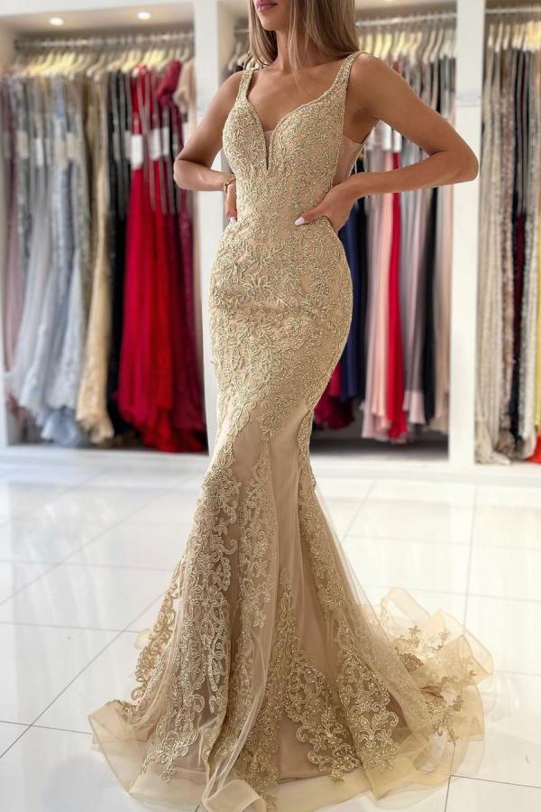 Bellasprom Gold Appliques Evening Dress Long Sleeveless Mermaid Bellasprom