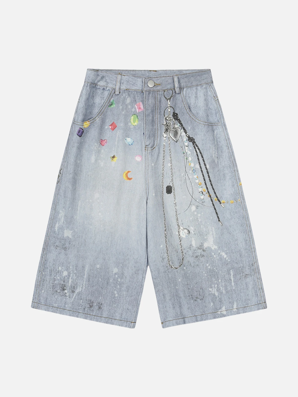 Blue Act Chic Colorful 3D Chain Graphic Longline Jorts Front