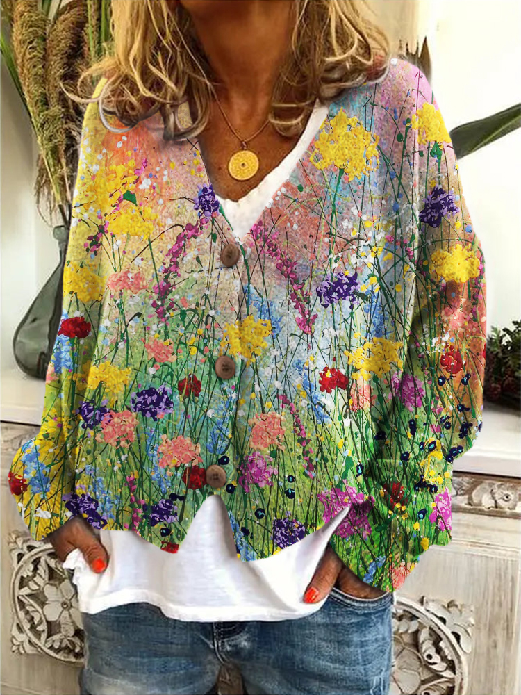 Flowers Oil Painting Art Cozy Knit Cardigan wearshes