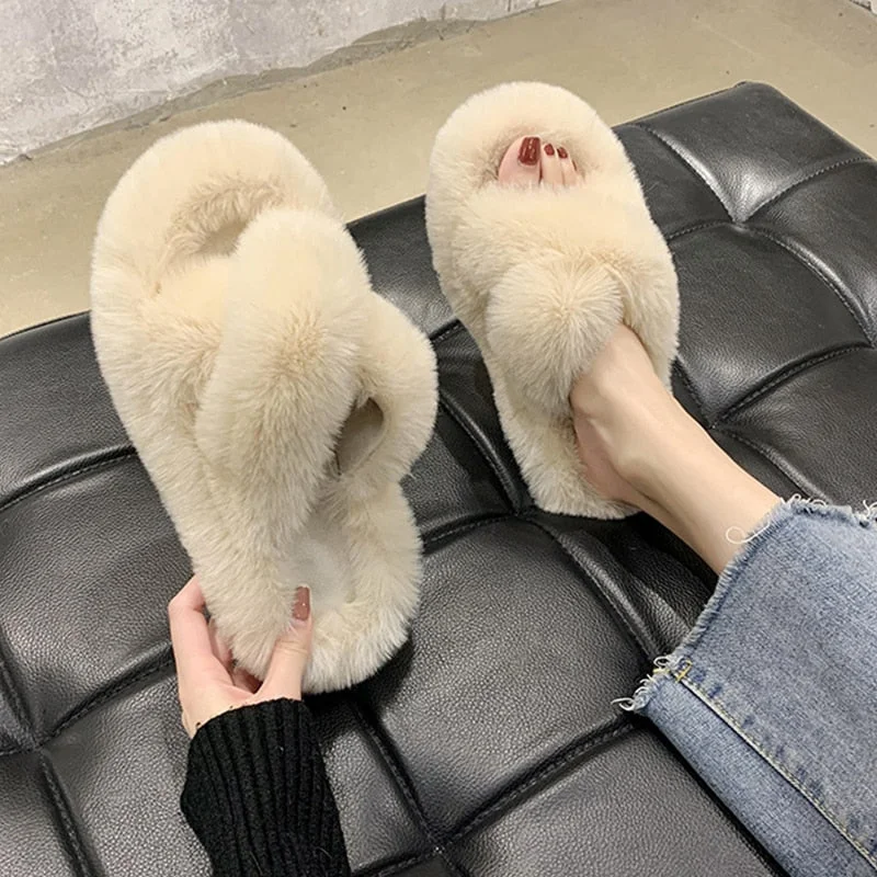 Winter Women Cross House Furry Slippers Fashion Faux Fur Warm Shoes Women Slip on Flats Female Home Open Toe Pink Plush Slippers
