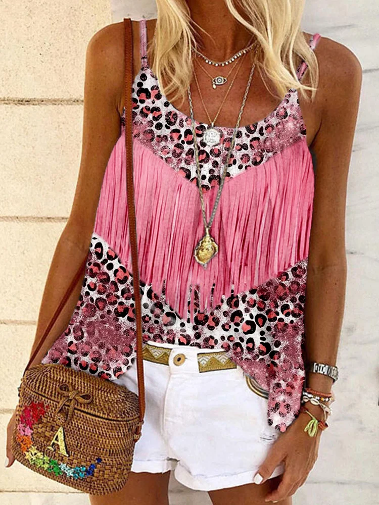 Western Tassels Leather Art Leopard Cami Tank Top
