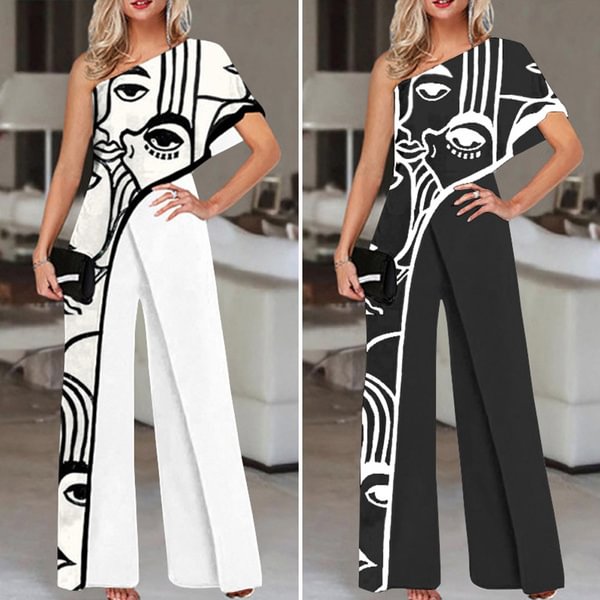 Summer Women Off Shoulder Wide Leg Jumpsuits Casual Printed Rompers Elegant Palazzo Overalls Long Trousers Plus Size - Shop Trendy Women's Fashion | TeeYours