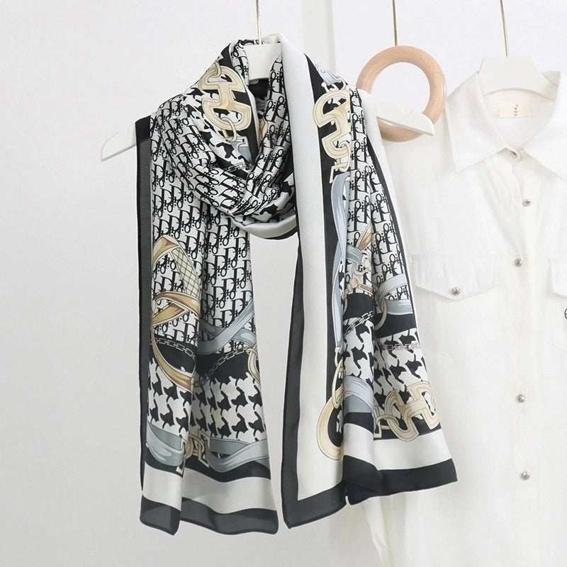 Women’s Fashion Letter Plaid Satin Printing Silk Scarves