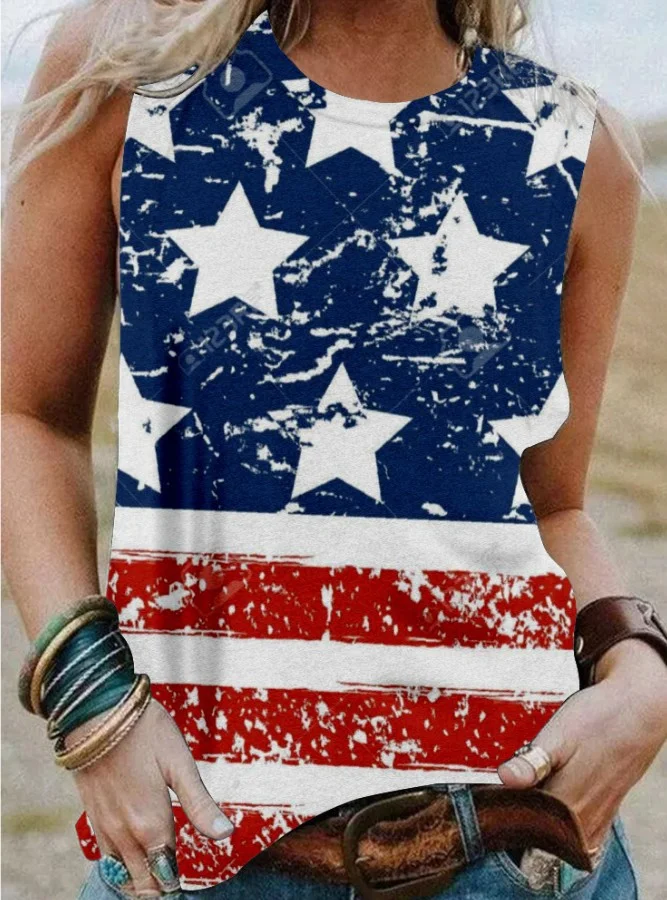 Women's Independence Day Themed Printed Round Neck Sleeveless T-shirt