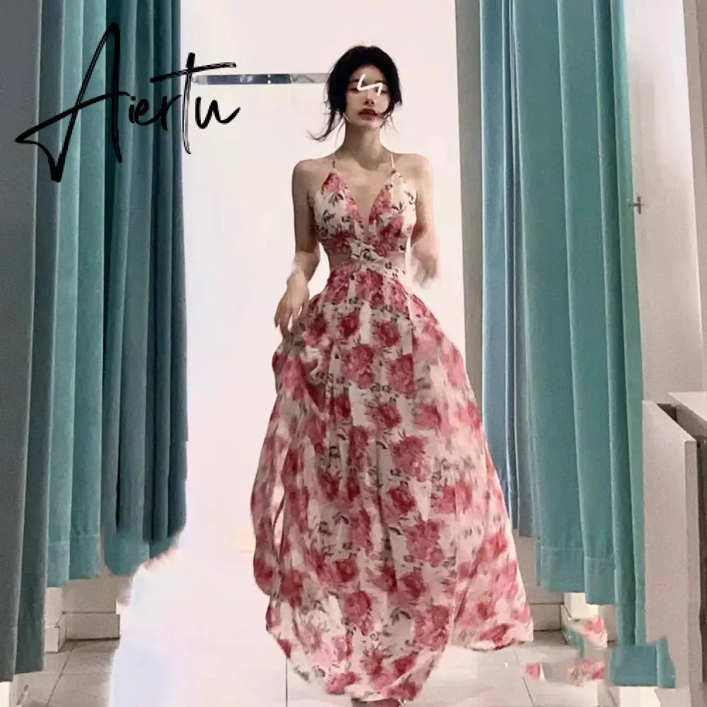 Halter V Neck Hollow Out  Rose Print Long Dress Women Fashion Sleeveless Backless High Split Elegant Ruched Dress Holiday Summer Aiertu