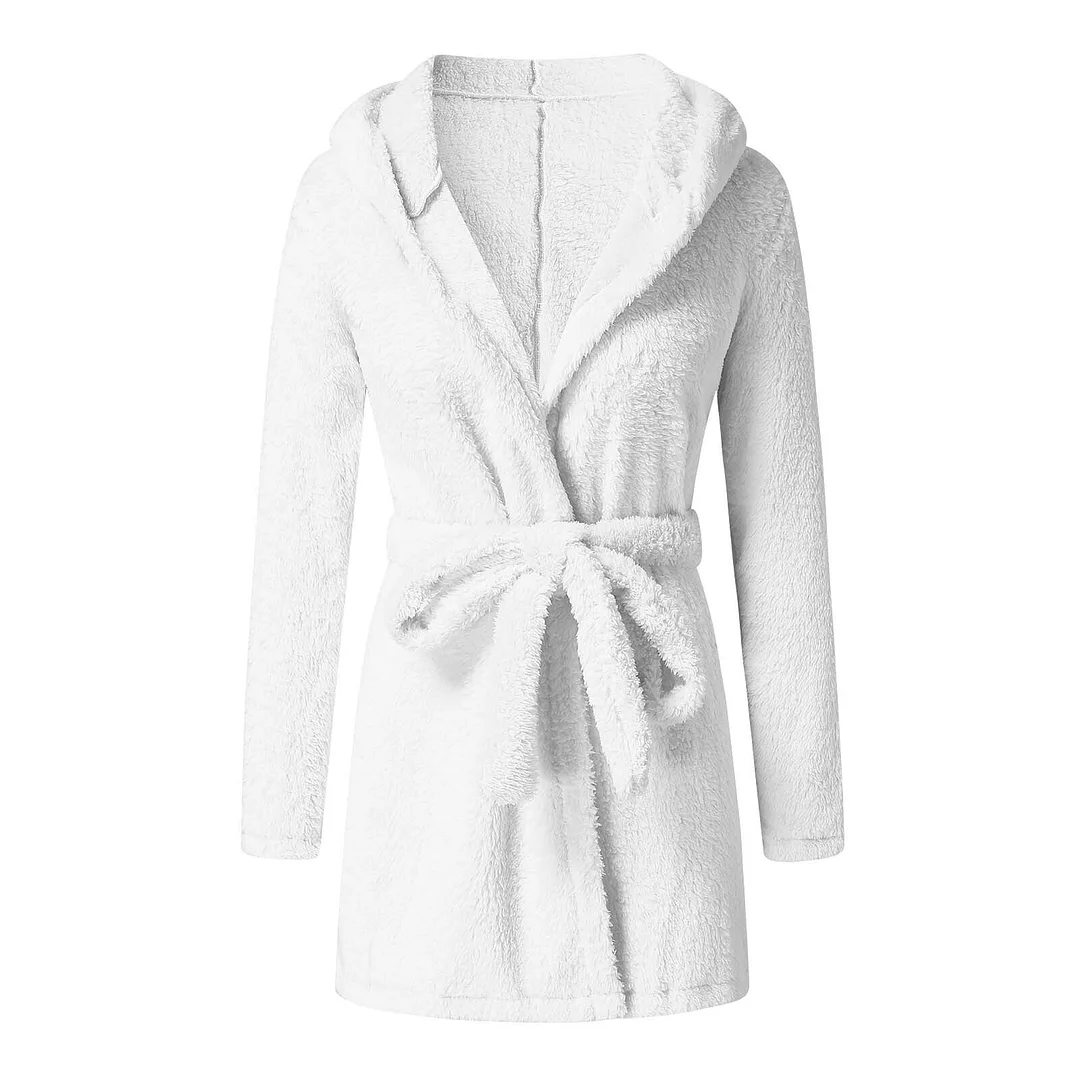 Women Plush Bandage Robe Soft Comfortable Cute Warm Pajamas Winter Sleepwear Shower Spa Bathrobe Sleep Nightgown Dressing Gown