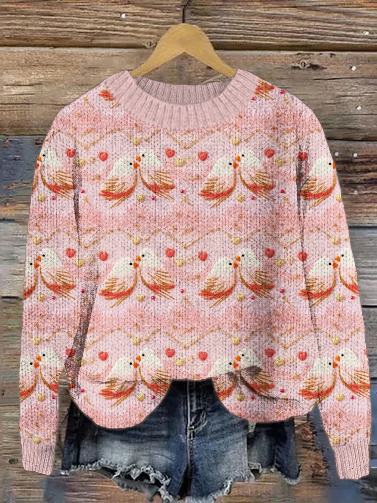 Lovebirds Embroidery Pattern Knit Sweater