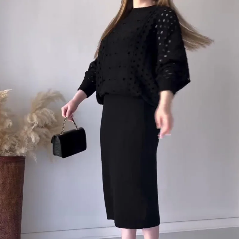 Toloer Toloer 2023 New Fashion Solid Color Hollow-Out Round Collar Top Casual Knit Skirt Suit-Outfit Ideas