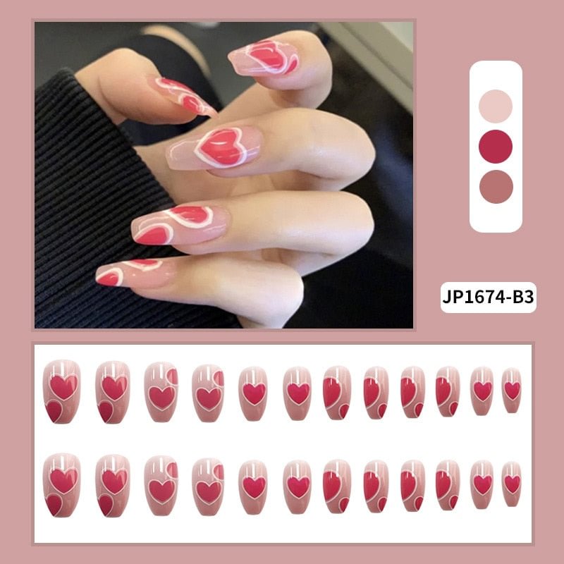 24pcs Fake Nails Pearl Heart Long Ballerina Sweet False Nail with designs Ballet Coffin Nail Tip French Transparent Full Cover